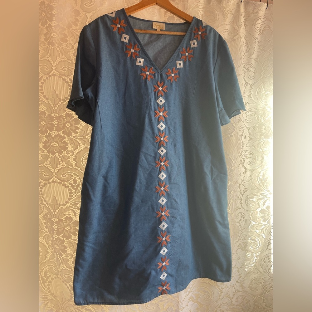 LAYERZ Women’s M Oversized Relaxed Fit Embroidered Denim Cotton Blend Dress